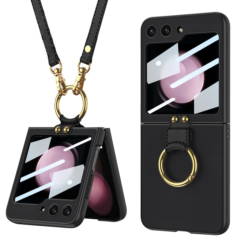 GKK For Samsung Galaxy Z Flip5 5G PU Leather Coated PC Slim Case Ring Kickstand Phone Cover with Small Screen Film and Shoulder Strap GKK For Samsung Galaxy Z Flip5 5G PU Leather Coated PC Slim Case Ring Kickstand Phone Cover with Small Screen Film and Shoulder Strap